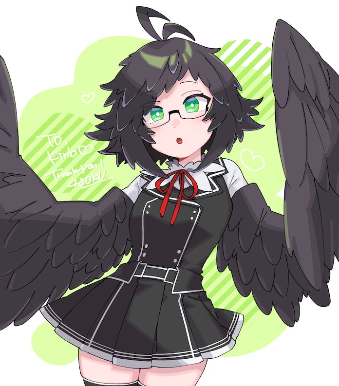 1girl, 48okku, antenna_hair, black-framed_eyewear, black_feathers, black_hair, black_skirt, black_thighhighs, black_wings, blush, commentary, english_commentary, feathered_wings, feathers, glasses, green_background, green_eyes, harpy, looking_at_viewer, medium_hair, monster_girl, open_mouth, original, pleated_skirt, semi-rimless_eyewear, skirt, solo, thigh-highs, two-tone_background, white_background, winged_arms, wings
