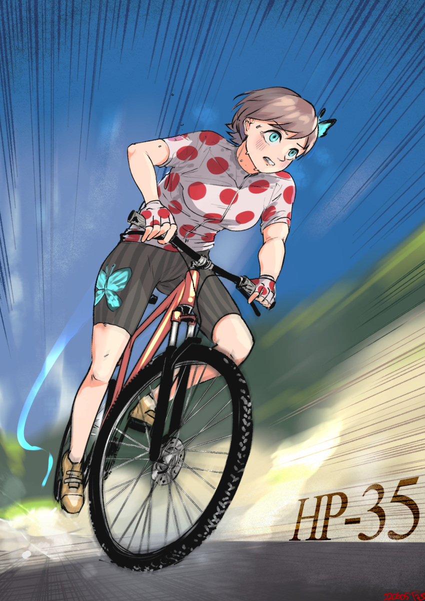 1girl, alternate_costume, bicycle, blue_eyes, brown_hair, cycling_uniform, emphasis_lines, girls_frontline