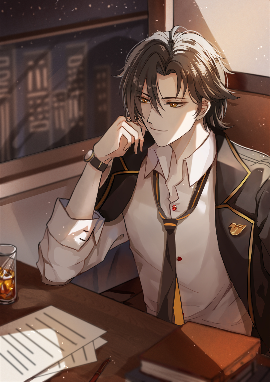 1boy, aguaaaaaa, alternate_costume, black_hair, black_jacket, black_necktie, book, chair