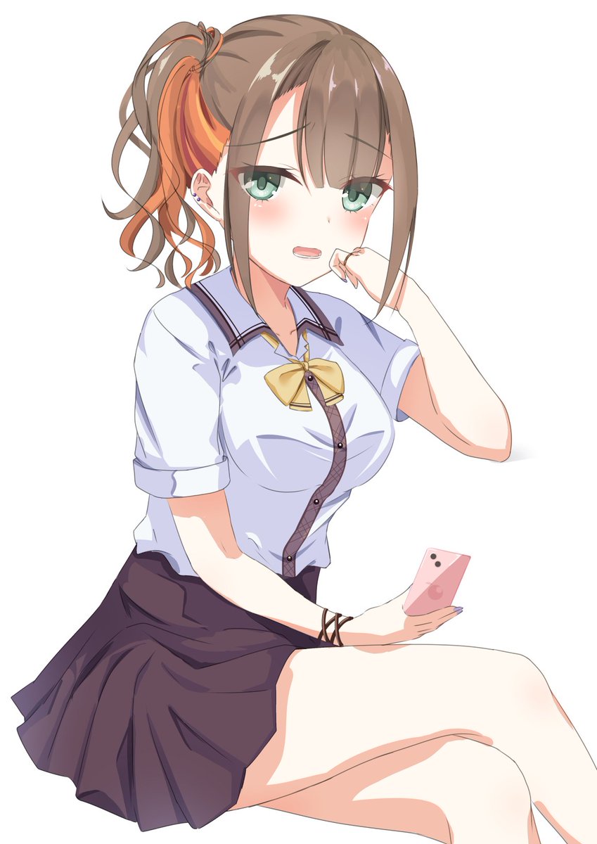 1girl, blunt_bangs, blush, bow, brand_name_imitation, breasts, brown_hair, brown_skirt