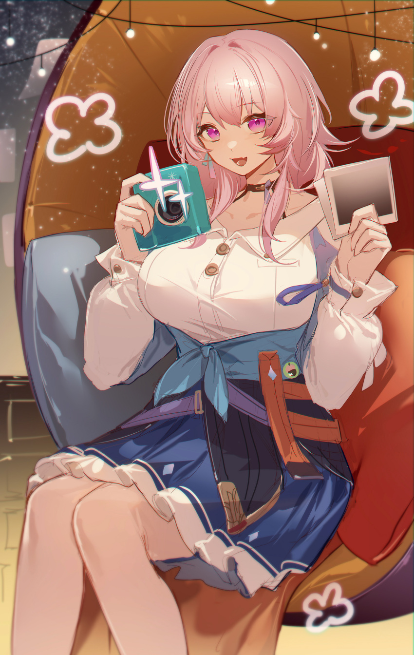 1girl, absurdres, black_choker, black_corset, blue_jacket, blue_skirt, breasts, camera