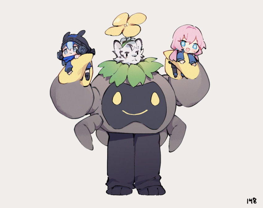 1boy, 2girls, :<, alternate_costume, arknights, beanie, black_gloves, black_headwear