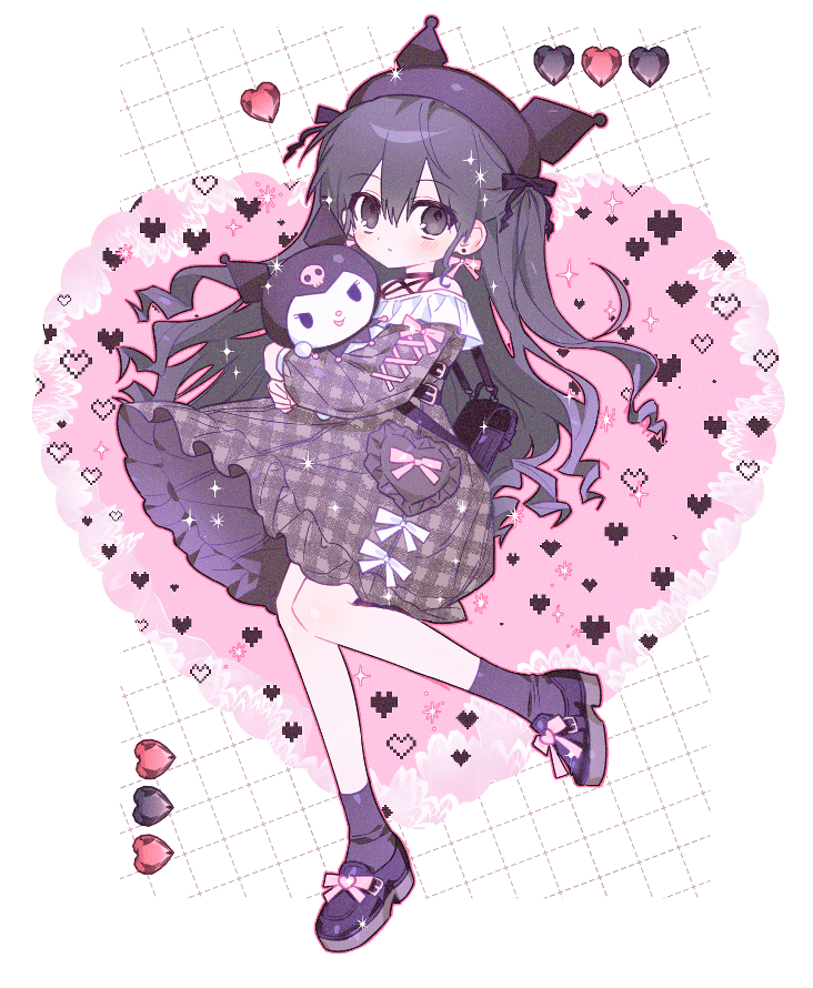 1girl, animal_ears, animal_hat, black_dress, black_eyes, black_footwear, black_hair, black_skirt