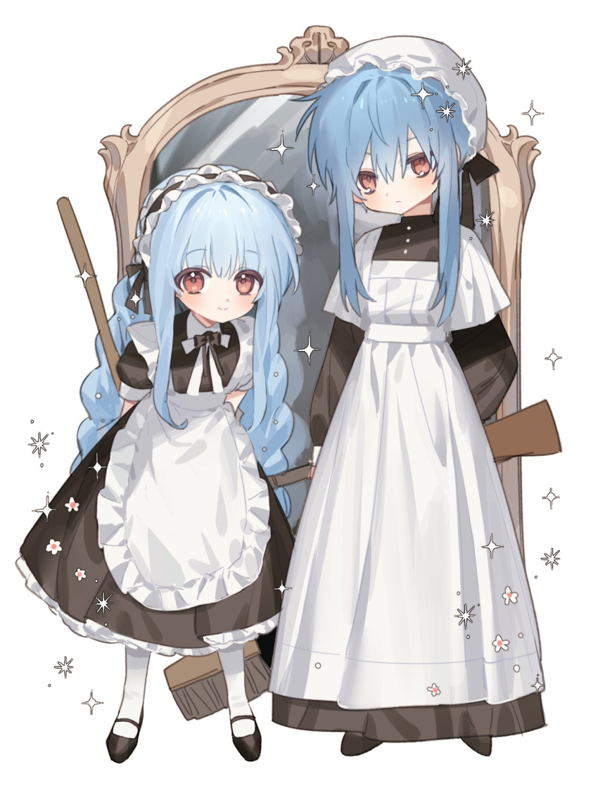 1boy, 1girl, apron, black_dress, blue_hair, broom, brother_and_sister, child