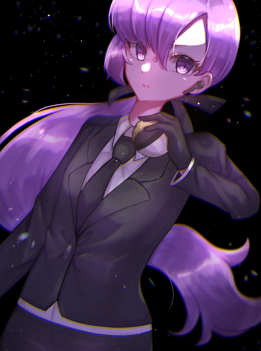 1girl, anabel_(pokemon), black_gloves, black_jacket, black_necktie, collared_shirt, earpiece, formal
