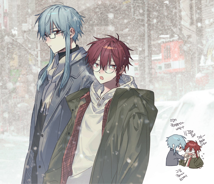 2boys, alternate_costume, blue_hair, braid, coat, fujo0t4ku, glasses, grey_coat