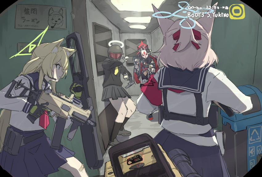 4girls, acog, aiming, aiming_at_viewer, animal_ears, arisaka, assault_rifle, ballistic_shield
