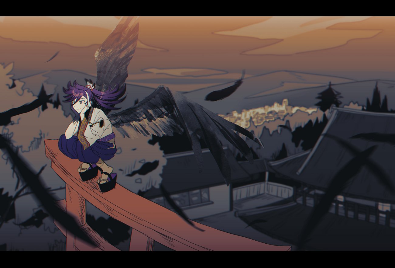 1boy, banzoin_hakka, black_wings, blue_eyes, colored_skin, feather_hair_ornament, feathered_wings, feathers