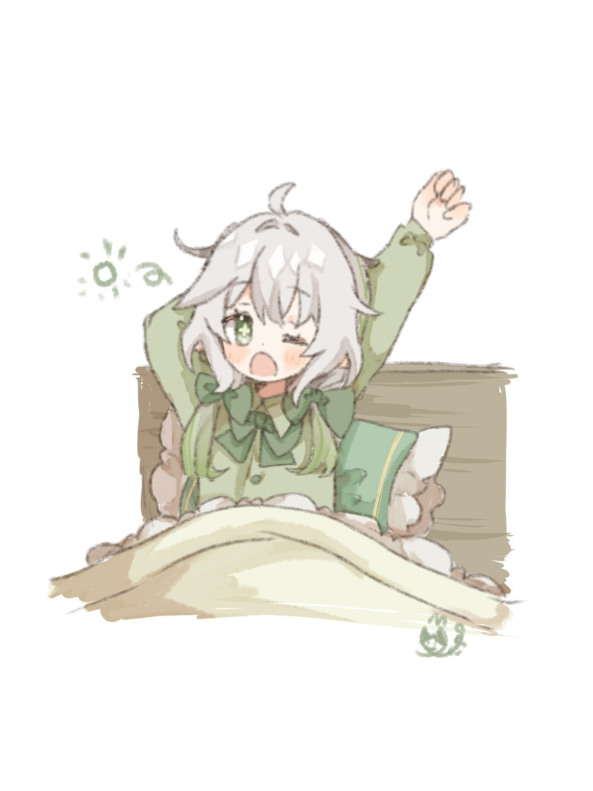 1girl, ;o, ahoge, alternate_hairstyle, arms_up, bed, blush, bow