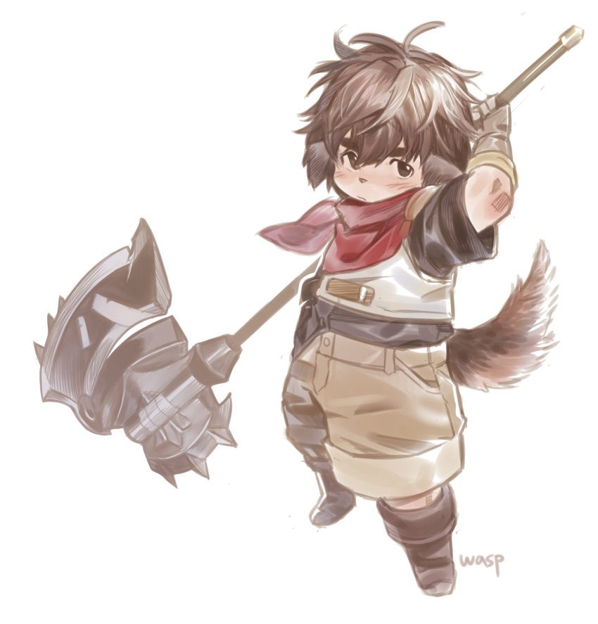 1boy, absurdres, animal_ears, artist_name, axe, bandana, bandana_around_neck, brown_footwear
