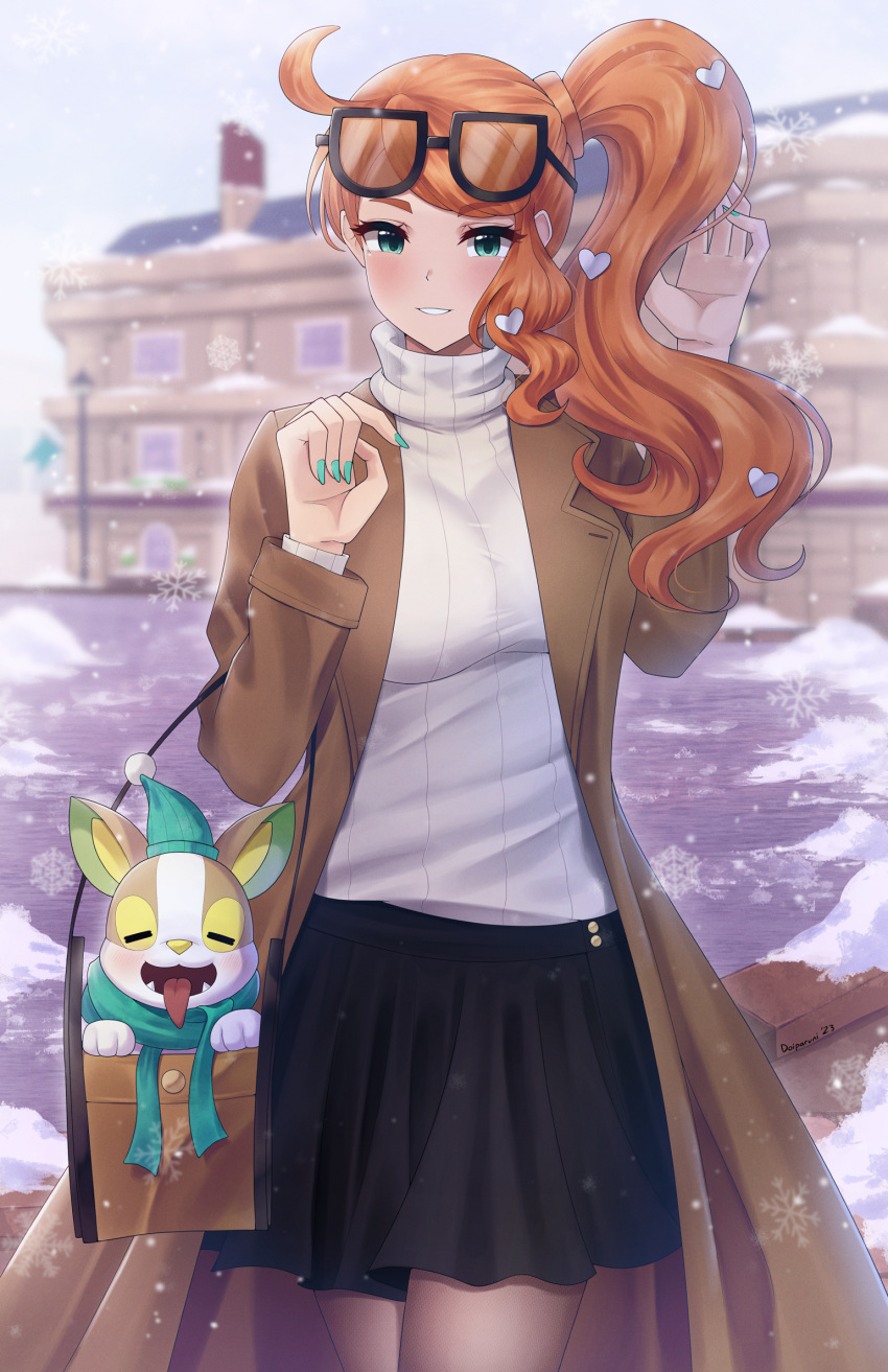 1girl, bag, black_skirt, blush, breasts, brown_coat, coat, dog