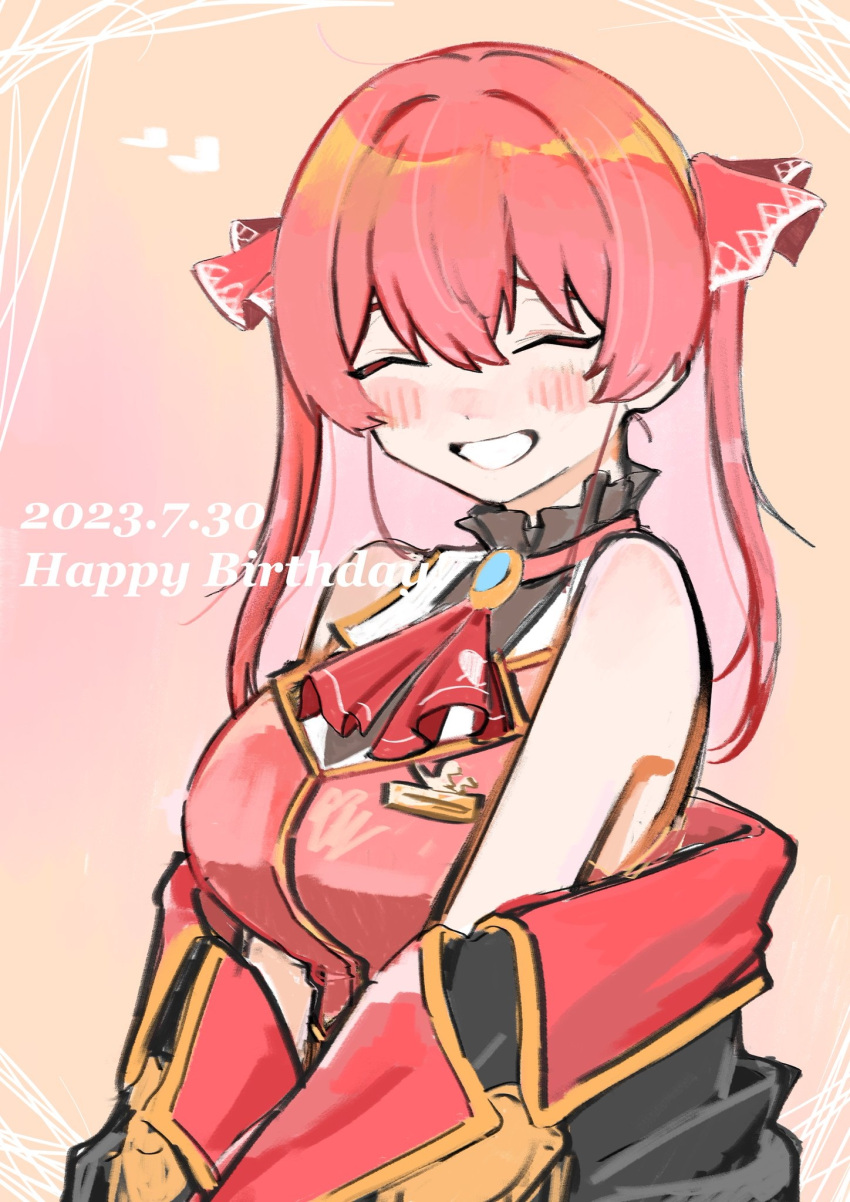 ascot, black_jacket, black_shirt, blush, bow, breasts, closed_eyes, commentary_request, dated, gold_trim, gradient_background, grin, happy_birthday, highres, hololive, houshou_marine, houshou_marine_(1st_costume), jacket, jewelry, large_breasts, long_hair, looking_at_viewer, off_shoulder, ohagi_0909, pink_background, red_ascot, red_bow, red_eyes, red_vest, shirt, sleeveless, sleeveless_shirt, smile, twintails, upper_body, vest, virtual_youtuber