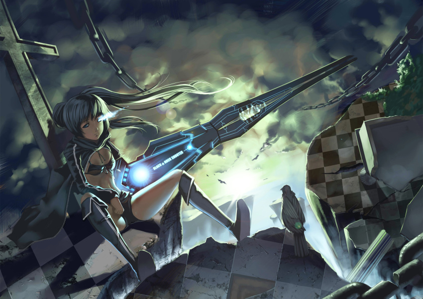 bird, black_hair, black_rock_shooter, black_rock_shooter_(character), blue_eyes, chain, crow, front-tie_top