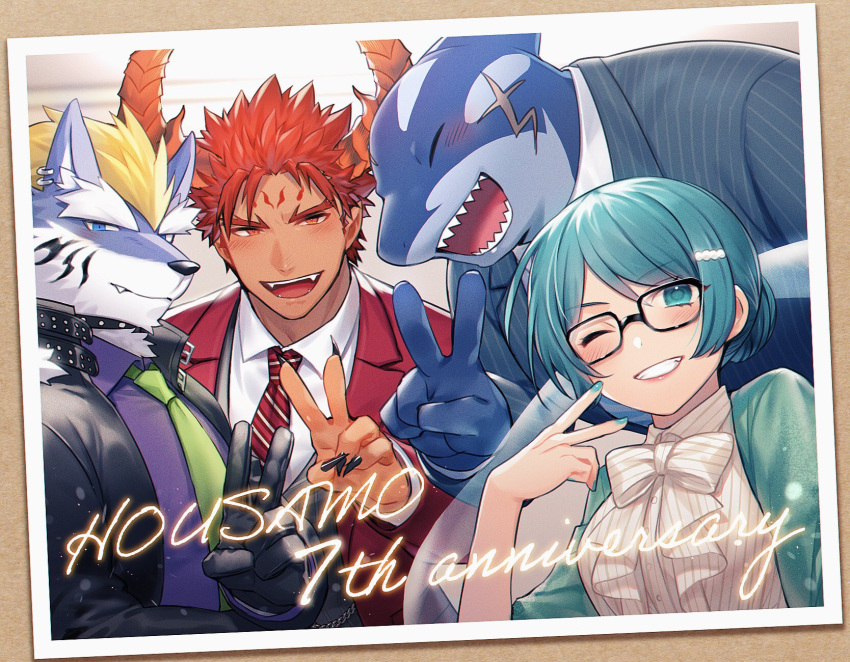 1girl, 3boys, animal_ear_fluff, animal_ear_piercing, anniversary, aqua_eyes, aqua_hair, aqua_nails
