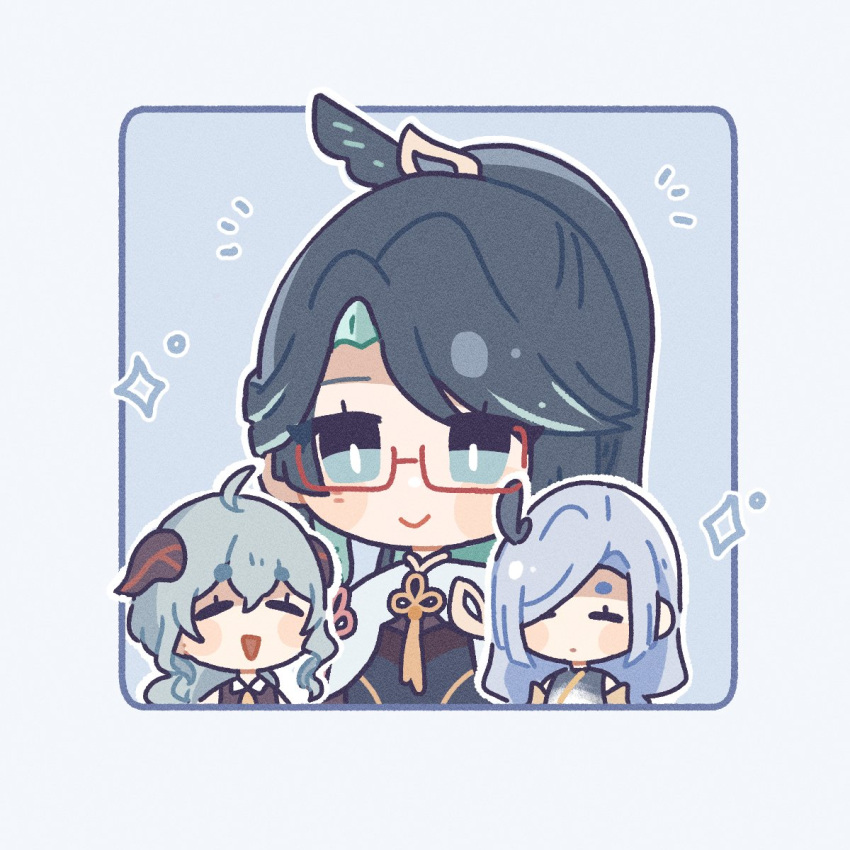3girls, :d, ahoge, blue_hair, bulbaasaur, chibi, closed_eyes, english_commentary, ganyu_(genshin_impact), genshin_impact, glasses, goat_horns, green_eyes, green_hair, highres, horns, multiple_girls, open_mouth, red-framed_eyewear, shenhe_(genshin_impact), simple_background, smile, xianyun_(genshin_impact)