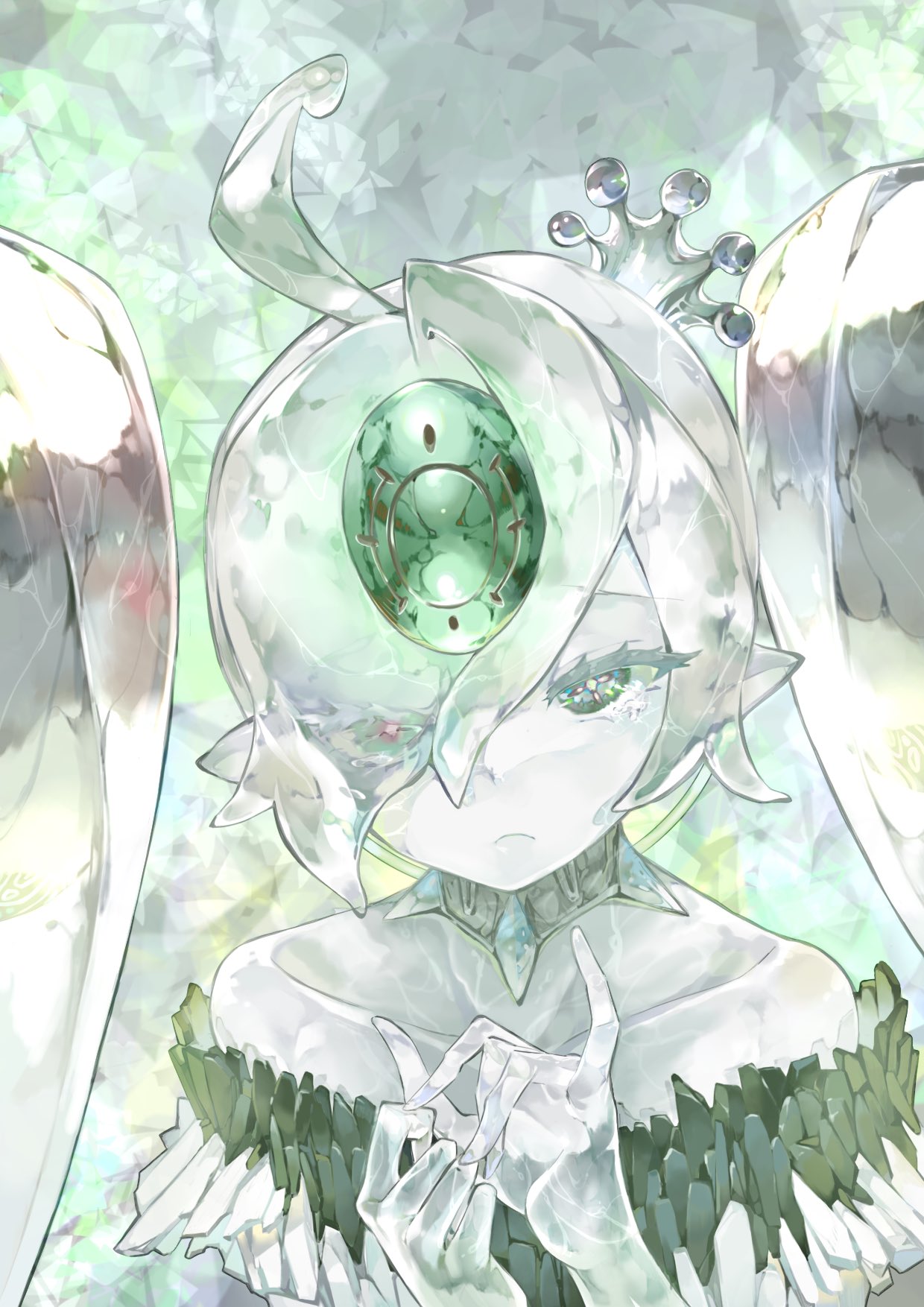 1girl, ahoge, crown, crystal_hair, detached_hair, duel_monster, durun, forehead_jewel, green_eyes, hair_over_one_eye, highres, icejade_aegirine, icejade_gymir_aegirine, mini_crown, pointy_ears, symbol-shaped_pupils, tears, translucent_hair, translucent_skin, yu-gi-oh!