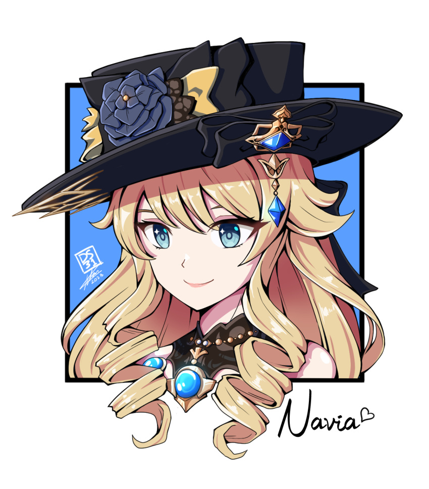 1girl, black_headwear, blonde_hair, blue_eyes, blue_flower, blue_rose, character_name, commentary, darkstar31, drill_hair, drill_sidelocks, flower, genshin_impact, hat, hat_flower, highres, long_hair, navia_(genshin_impact), pink_lips, portrait, rose, sidelocks, smile, solo