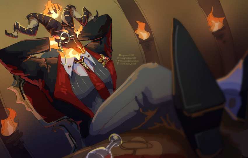 1boy, alcohol, arms_up, black_footwear, chair, crossed_legs, cup, discord_username