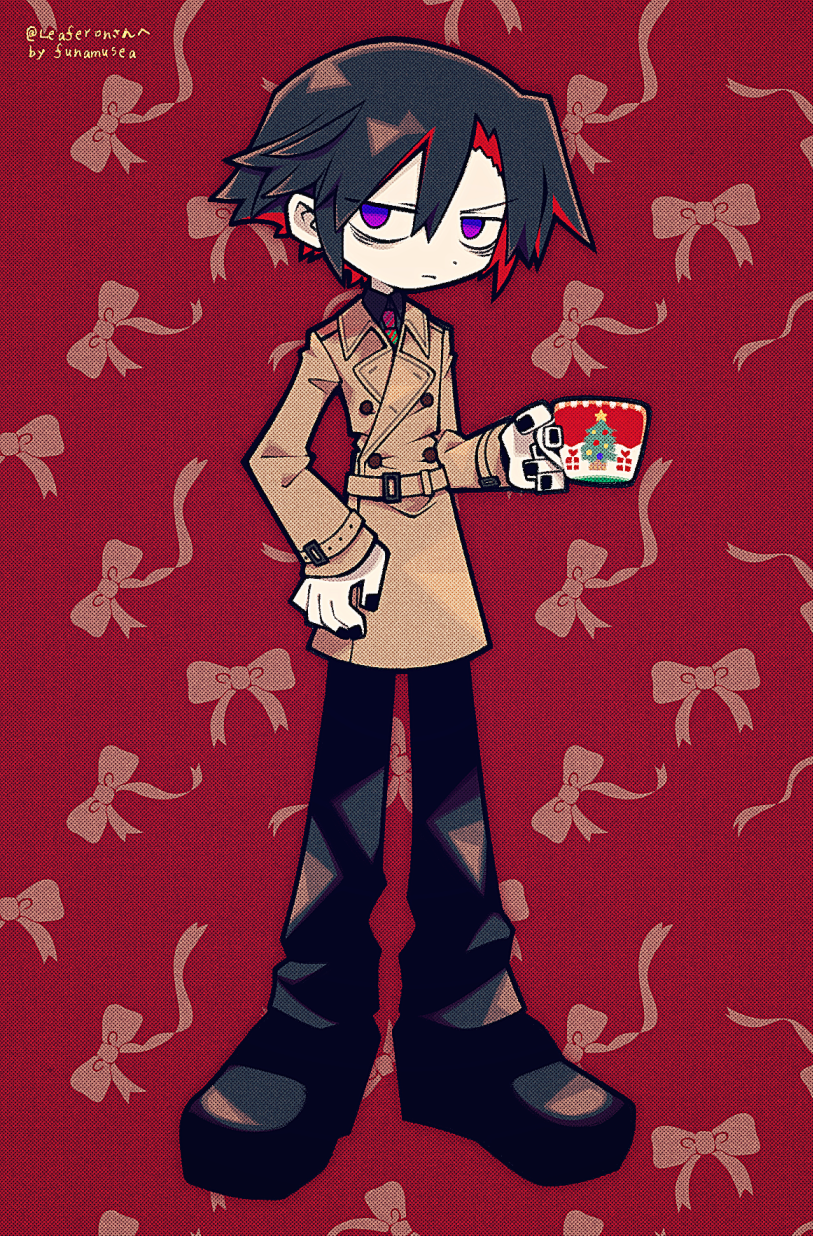 1boy, artist_name, bags_under_eyes, black_footwear, black_hair, black_nails, black_pants, christmas, coat, coffee_mug, colored_skin, commission, commissioner_name, cup, full_body, fumus_(funamusea), funamusea, funamusea_(artist), highres, holding, holding_cup, male_focus, mug, multicolored_hair, nail_polish, non-web_source, official_art, pants, patterned_background, red_background, redhead, ribbon, shoes, short_hair, skeb_commission, solo, trench_coat, two-tone_hair, white_skin