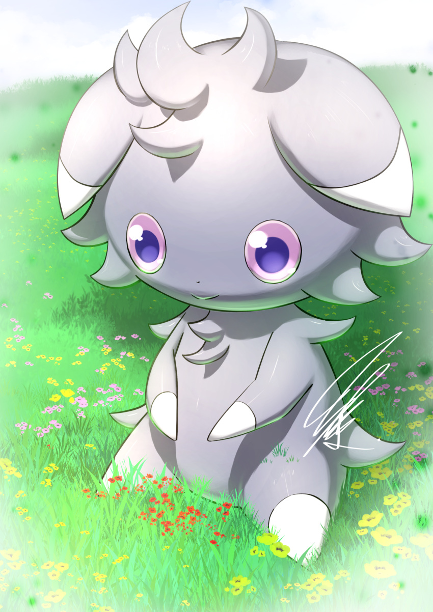 1other, animal_ears, artist_name, blue_sky, body_fur, cat_ears, closed_mouth, clouds, colored_sclera, commentary_request, dated_commentary, day, espurr, flower, full_body, furry, grass, green_flower, grey_fur, happy, highres, looking_down, mitsukuma448, on_ground, other_focus, outdoors, partial_commentary, pink_flower, pokemon, pokemon_(creature), purple_sclera, red_flower, signature, sitting, sky, smile, solo, two-tone_fur, violet_eyes, white_fur, yellow_flower