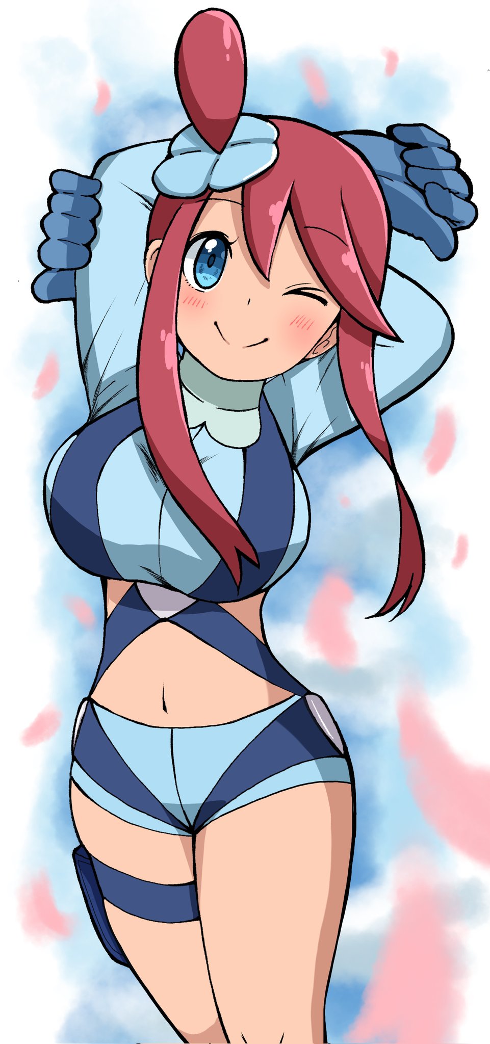1girl, arms_behind_head, blue_eyes, blue_gloves, blue_shorts, crop_top, emapippi, gloves, hair_ornament, highres, long_hair, looking_at_viewer, midriff, navel, one_eye_closed, one_side_up, pokemon, pokemon_bw, redhead, short_hair_with_long_locks, short_shorts, shorts, sidelocks, skyla_(pokemon), smile, solo, stretching, thigh_pouch