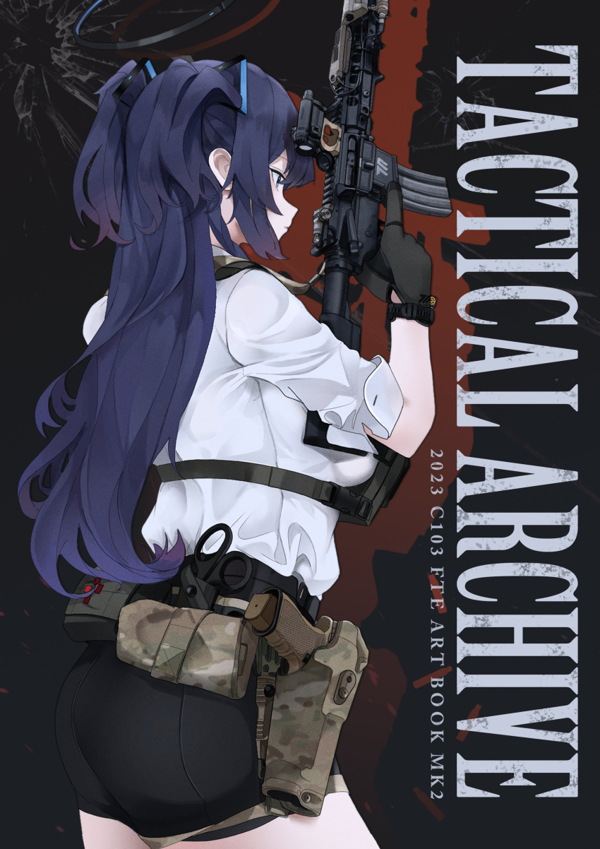 1girl, absurdres, ass, black_gloves, black_shorts, blue_archive, breasts, camouflage