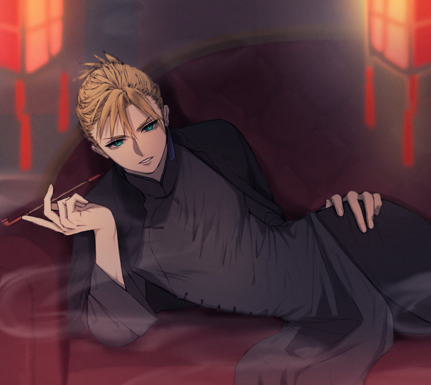 1boy, ah_yoshimizu, alternate_costume, alternate_universe, black_pants, black_robe, blonde_hair, blue_eyes