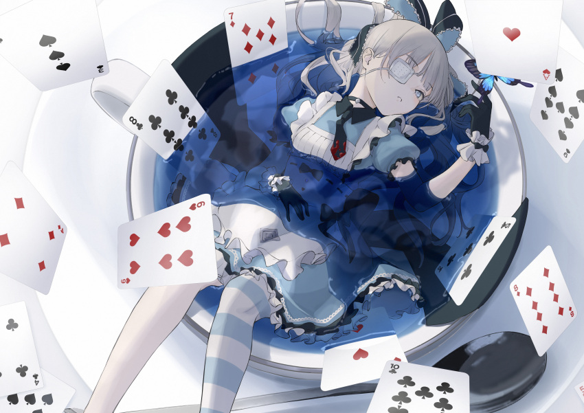 1girl, absurdres, alice_in_wonderland, apron, asymmetrical_legwear, bathing, blonde_hair, blood, blood_on_clothes, brown_dust_2, bug, butterfly, butterfly_on_hand, clothed_bath, cup, dress, eyepatch, feet_out_of_frame, floating_card, frilled_dress, frilled_wristband, frills, glacia_(brown_dust), gloves, hair_ribbon, highres, long_hair, looking_at_viewer, necktie, oversized_object, partially_submerged, plate, ribbon, teacup, teaspoon, user_urgs7855, wet, wet_clothes