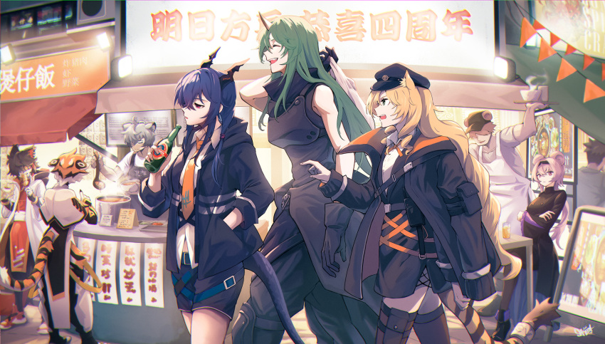 4boys, 5girls, aak_(arknights), animal_ear_fluff, animal_ears, annoyed, apron, arknights