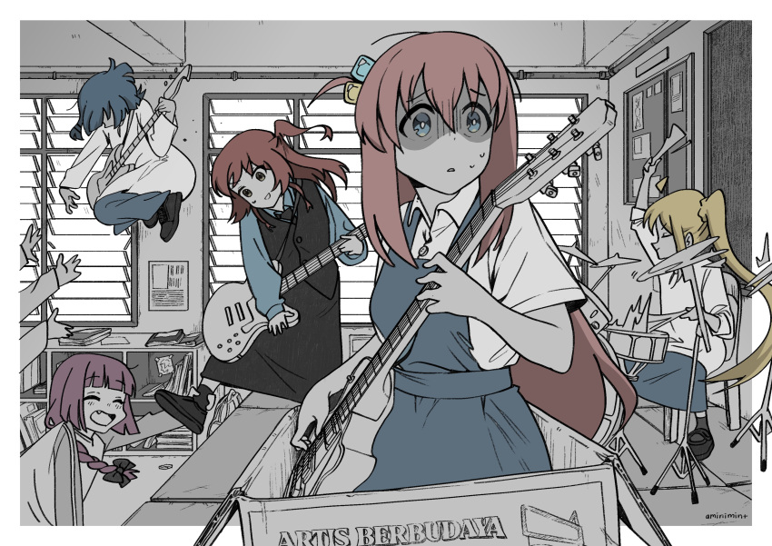 5girls, absurdres, ahoge, alternate_costume, amin_(aminimint), bass_guitar, blonde_hair, blue_eyes