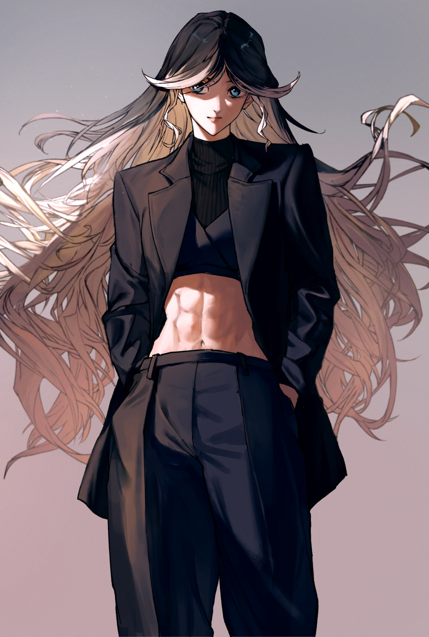 1girl, abs, absurdres, black_hair, black_jacket, black_pants, black_shirt, blue_eyes