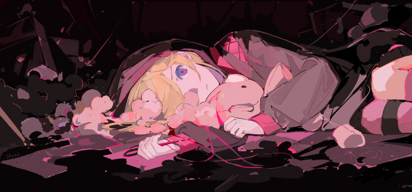 1girl, :|, absurdres, black_hoodie, blonde_hair, blue_eyes, closed_mouth, colored_eyelashes