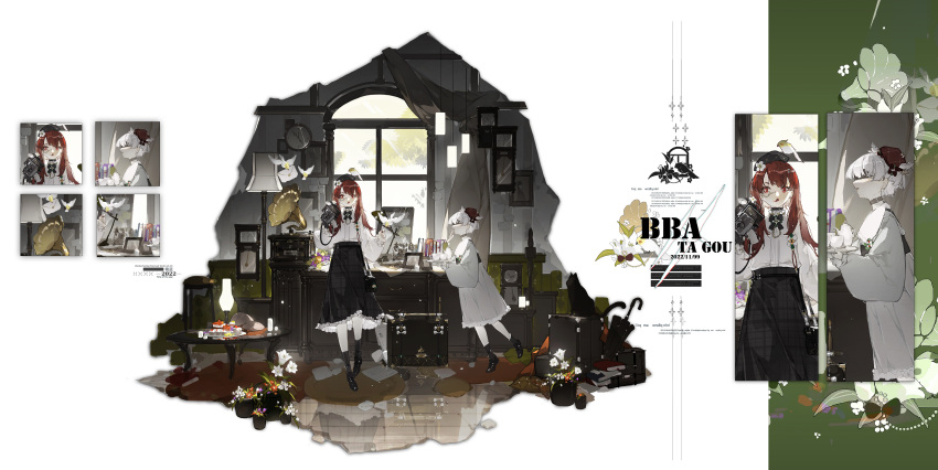 2girls, a9219669, absurdres, analog_clock, animal_ears, ankle_socks, bag, belt