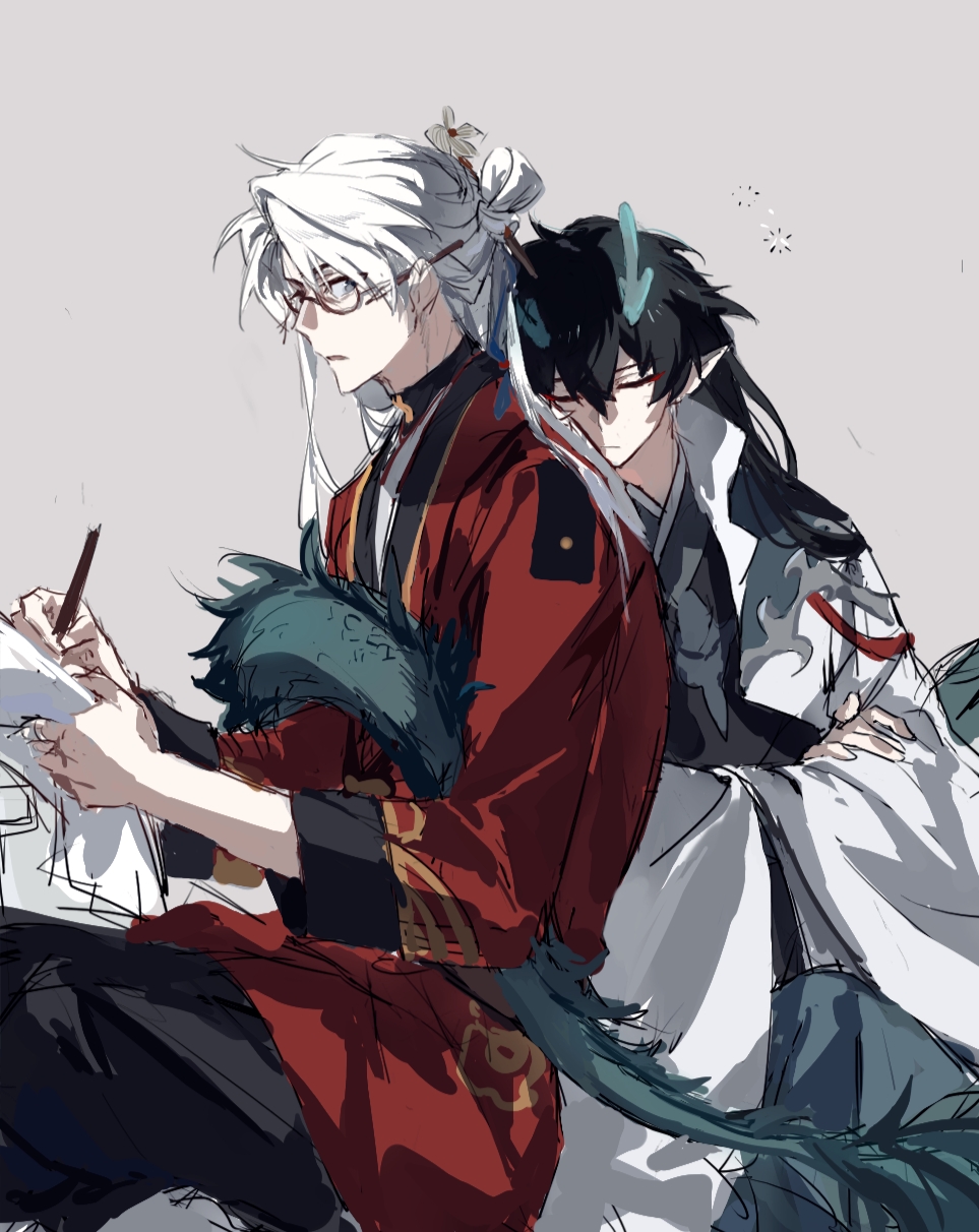 2boys, aqua_horns, black_hair, black_pants, brown-framed_eyewear, closed_eyes, closed_mouth, collared_jacket