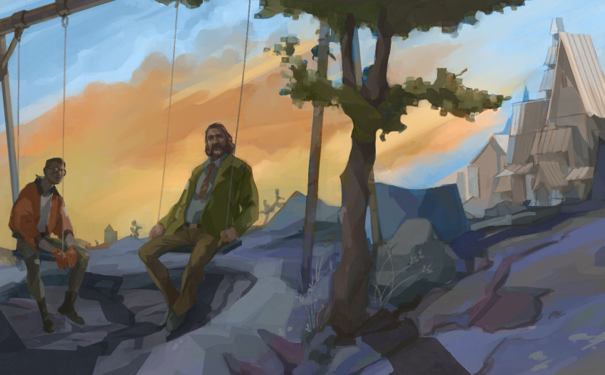 2boys, black_hair, bomber_jacket, brown_hair, building, disco_elysium, full_body, green_jacket, harry_du_bois, highres, jacket, kim_kitsuragi, male_focus, mature_male, medium_hair, multiple_boys, mutton_chops, necktie, old, old_man, orange_jacket, outdoors, round_eyewear, sitting, sunset, swing_set, thatuglymeme, thick_mustache, tree