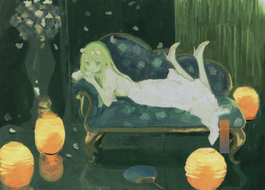 1girl, arm_rest, artist_name, blonde_hair, chaise_longue, chisato_charme, closed_mouth, couch