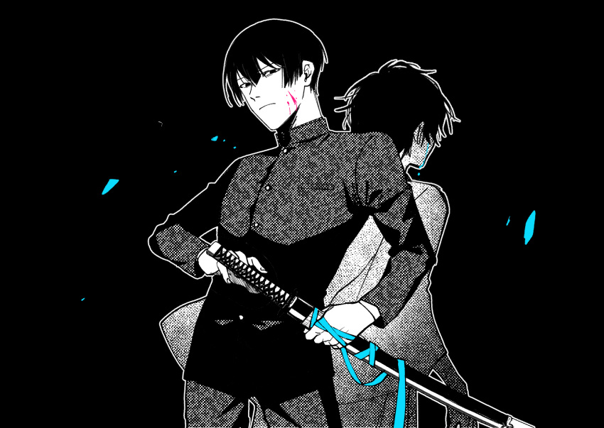 2boys, back-to-back, black_background, black_eyes, black_hair, blood, blood_on_face, blue_ribbon