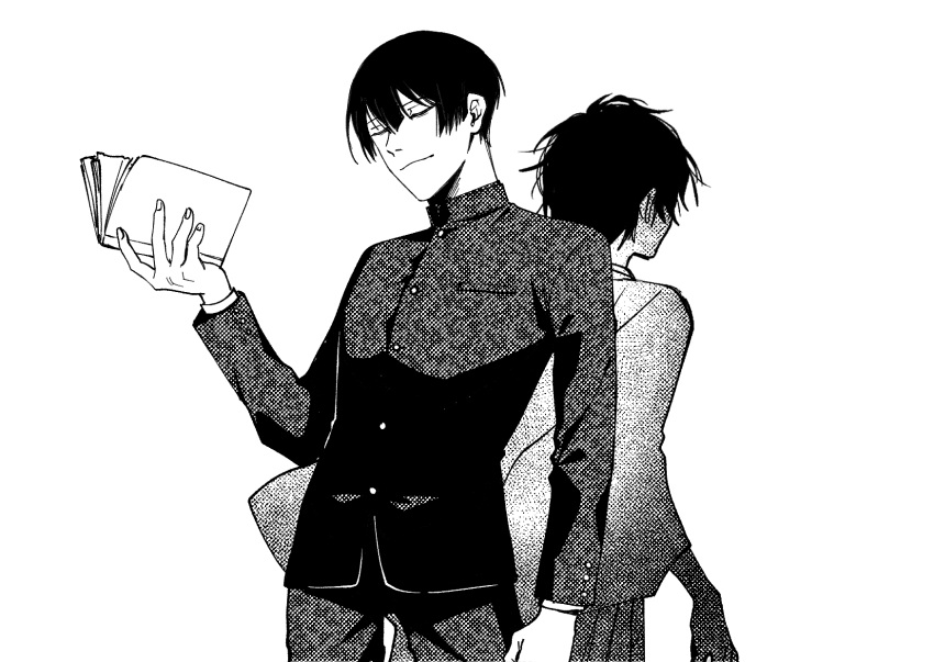 2boys, ahoge, back-to-back, black_hair, book, closed_eyes, closed_mouth, gakuran