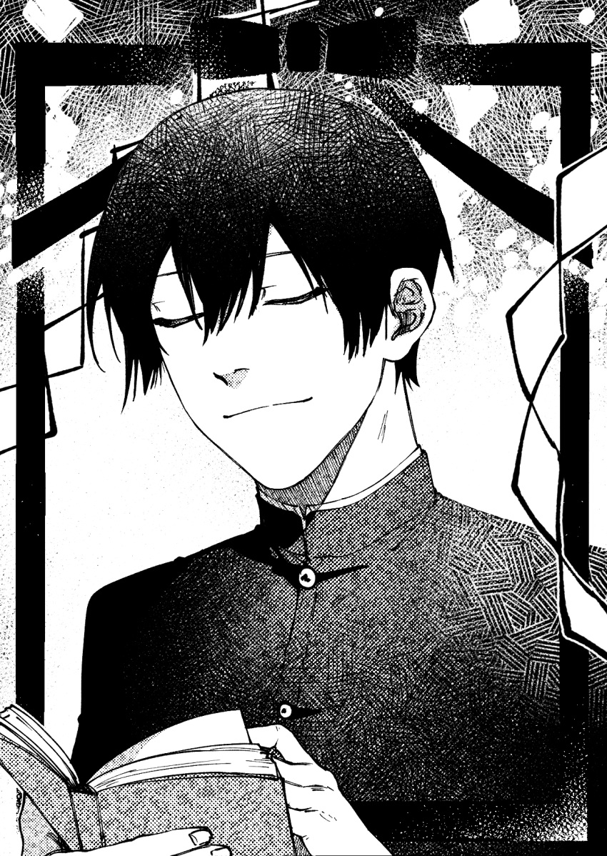 1boy, black_hair, book, closed_eyes, closed_mouth, gakuran, greyscale, hair_between_eyes