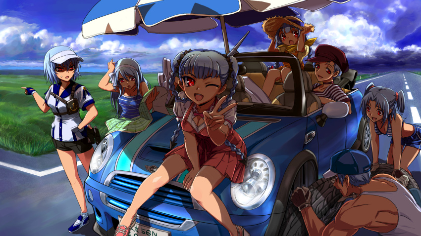 6+girls, beach_umbrella, blue_hair, braid, breasts, car, cleavage, clouds, futaba_channel, gloves, grass, hat, highres, koronu, kyata, leaning_forward, mini_cooper, motor_vehicle, multiple_girls, pointing, red_eyes, ribbons, road, sky, sweat, twintails, umbrella, v, vehicle, visor_cap, wink