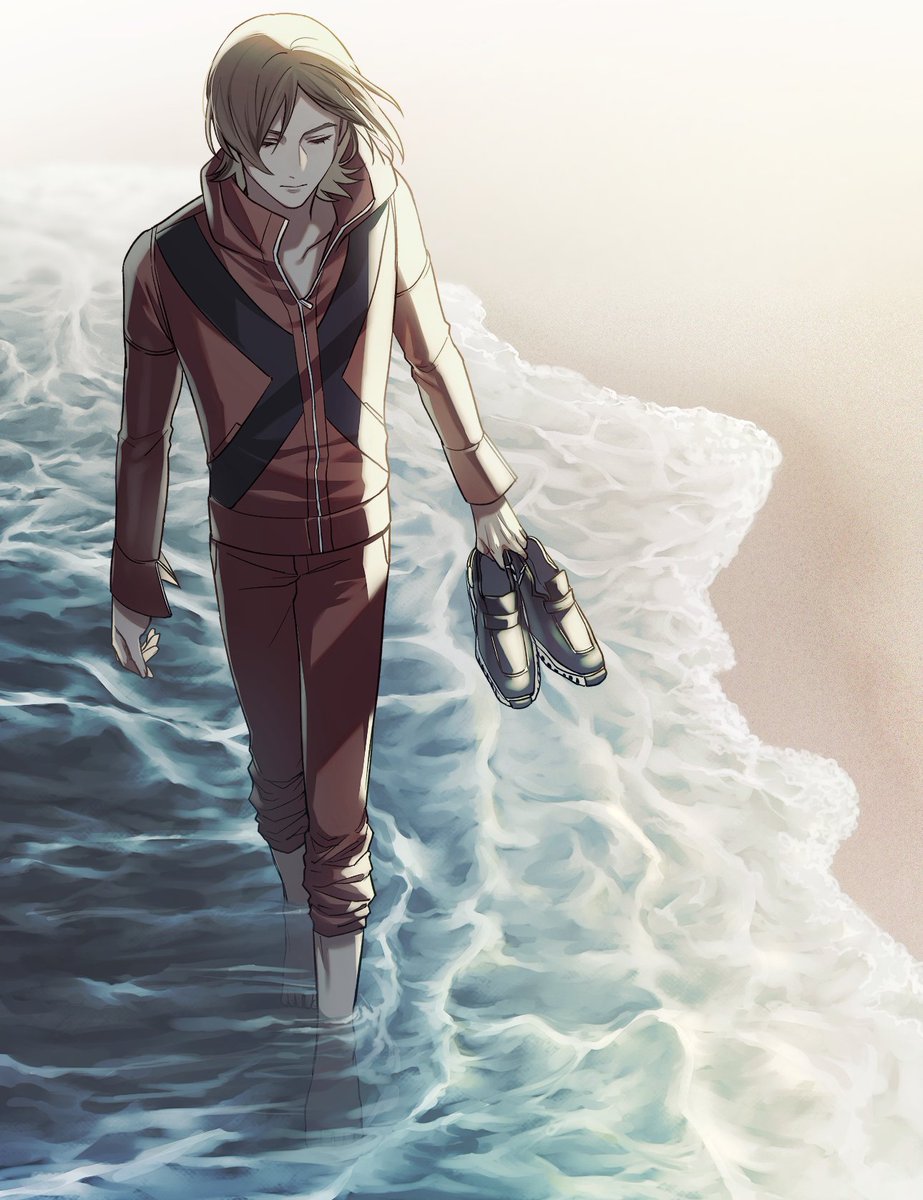 1boy, barefoot, beach, black_footwear, brown_hair, closed_eyes, closed_mouth, full_body