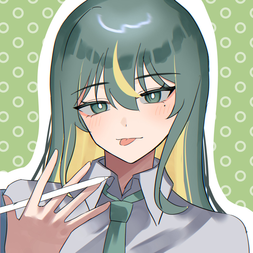 1girl, absurdres, apple_pencil, blonde_hair, blush, collared_shirt, commentary, green_background