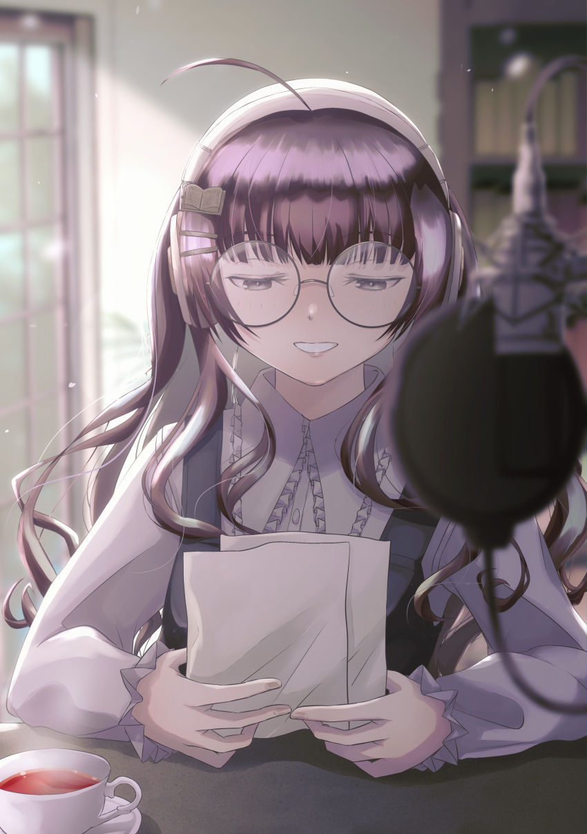 1girl, absurdres, ahoge, blunt_bangs, blurry, blurry_background, blurry_foreground, book_hair_ornament