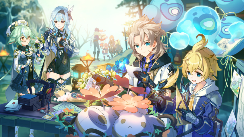 4boys, 4girls, :<, :d, aether_(genshin_impact), ahoge, albedo_(genshin_impact), animal_ears