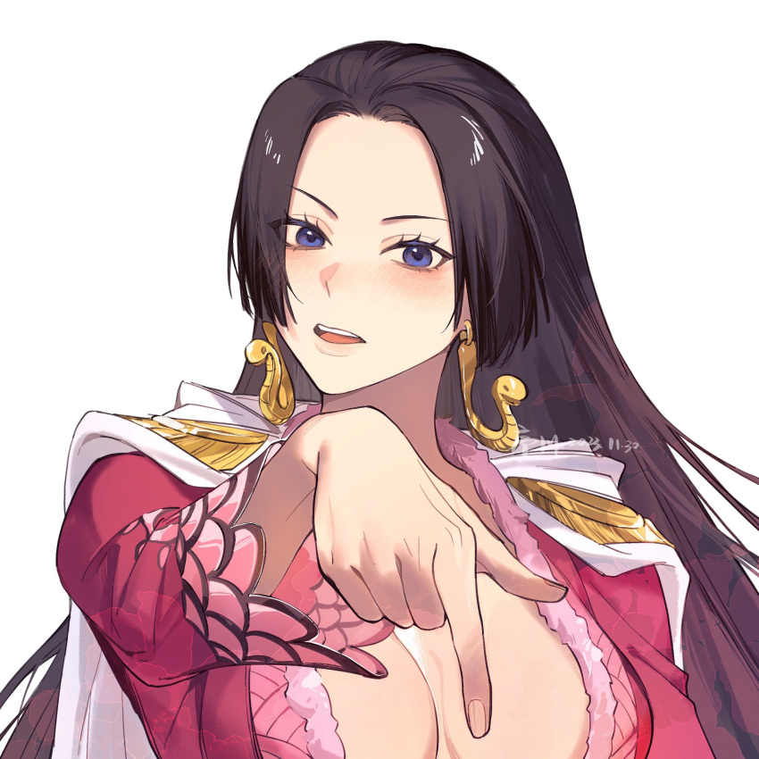 1girl, amazon_warrior, black_hair, boa_hancock, cape, dress, earrings, facing_viewer
