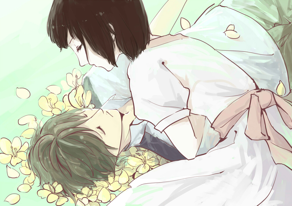 1boy, 1girl, brown_hair, closed_eyes, dress, facing_another, flower, hazuki_ryousuke