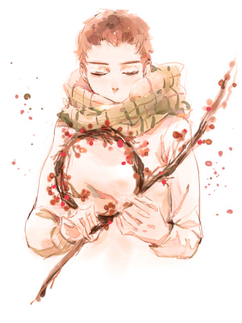 1girl, akiko08300830, brown_hair, brown_scarf, closed_eyes, facing_viewer, flower, long_sleeves