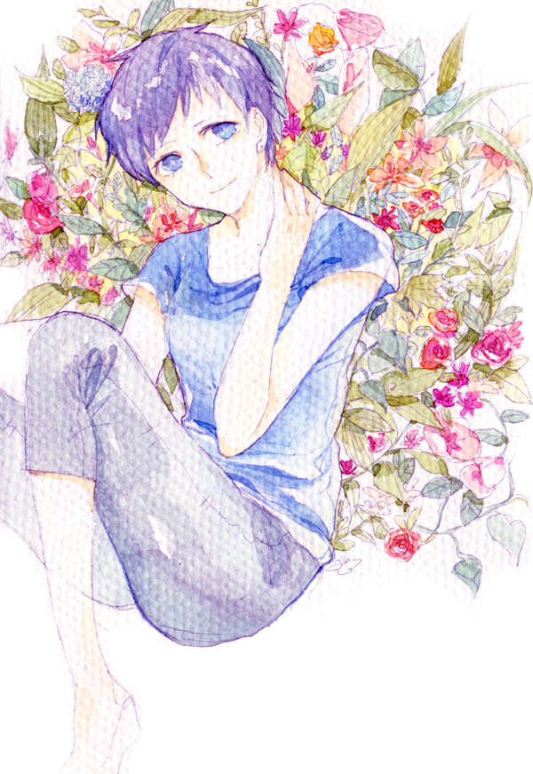 1girl, blue_eyes, blue_shirt, breasts, earrings, faux_traditional_media, feet_out_of_frame, flower