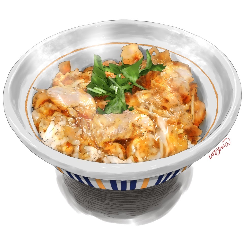 bowl, chicken_(food), food, food_focus, meat, no_humans, original, oyakodon_(food), rice, steam, still_life, uroyama_(macrophage), white_background