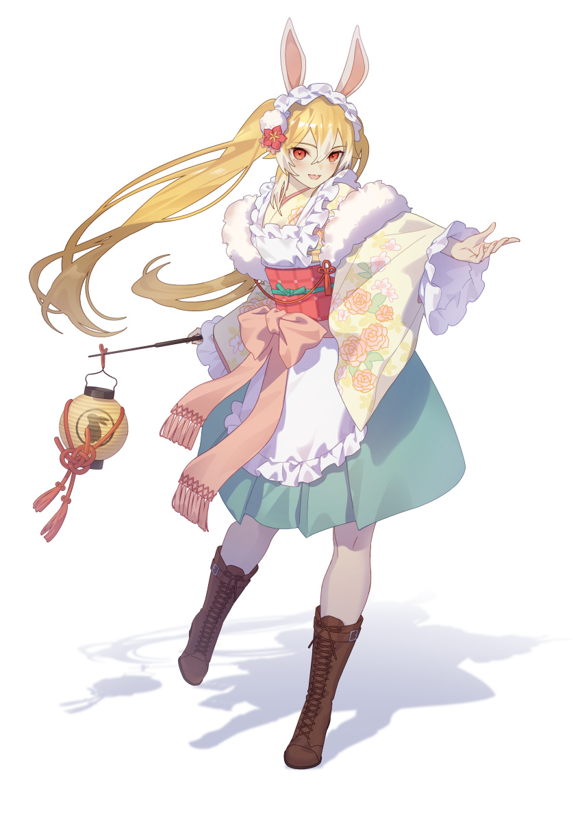 1girl, absurdres, animal_ears, apron, blonde_hair, breasts, brown_dust_2, brown_footwear, cross-laced_footwear, fake_animal_ears, floating_hair, flower, full_body, hair_between_eyes, hair_flower, hair_ornament, hairband, highres, holding, holding_stick, japanese_clothes, kimono, lantern, liatris_(brown_dust), littleamber, long_hair, looking_at_viewer, open_mouth, outstretched_hand, paper_lantern, pleated_skirt, rabbit_ears, rabbit_symbol, red_eyes, scarf, shadow, skirt, small_breasts, standing, standing_on_one_leg, stick, twintails, very_long_hair, white_apron, wide_sleeves